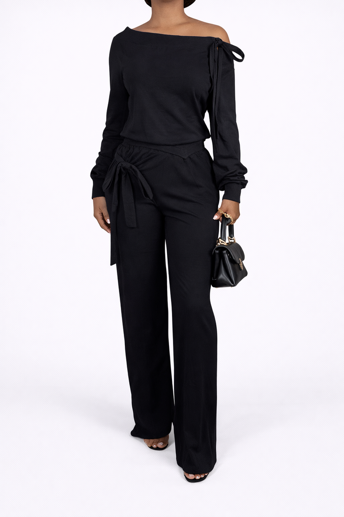 the tie draped off-shoulder wide leg pants set — black
