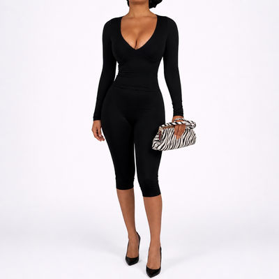 Sculpt V-Neck Long Sleeve Capri Set – Black