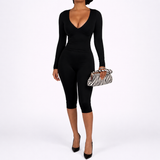 Sculpt V-Neck Long Sleeve Capri Set – Black