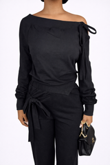 The Tie Draped Off-Shoulder Wide Leg Pants Set – Black