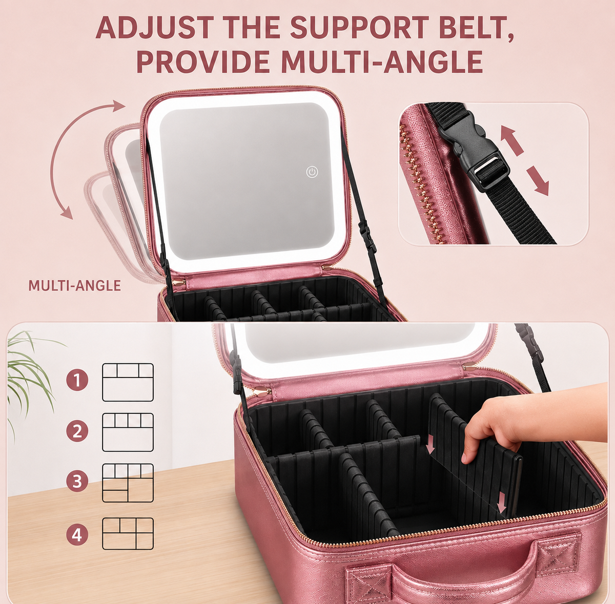 LED Vanity Bag removable mirror shown at an adjustable angle